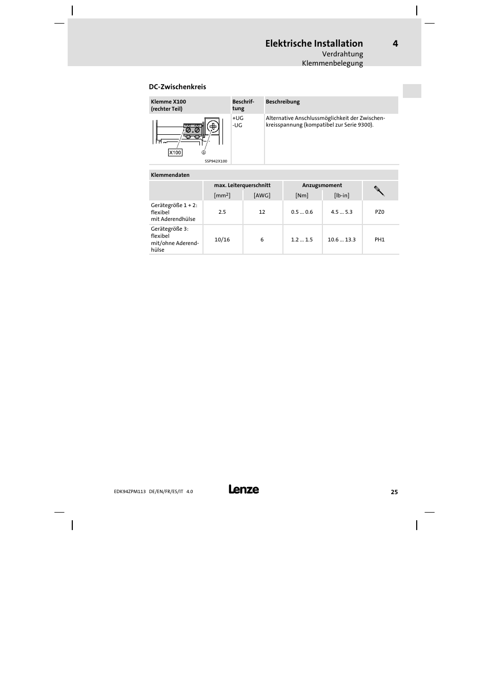 Elektrische installation | Lenze E94AZPM User Manual | Page 25 / 122