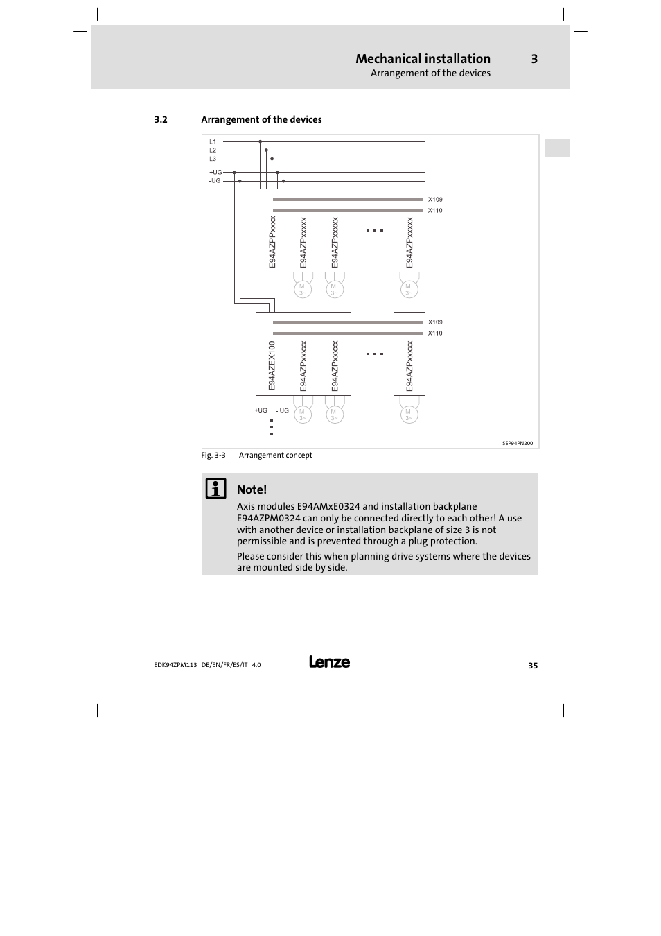 Arrangement of the devices, Mechanical installation | Lenze E94AZPM User Manual | Page 35 / 122