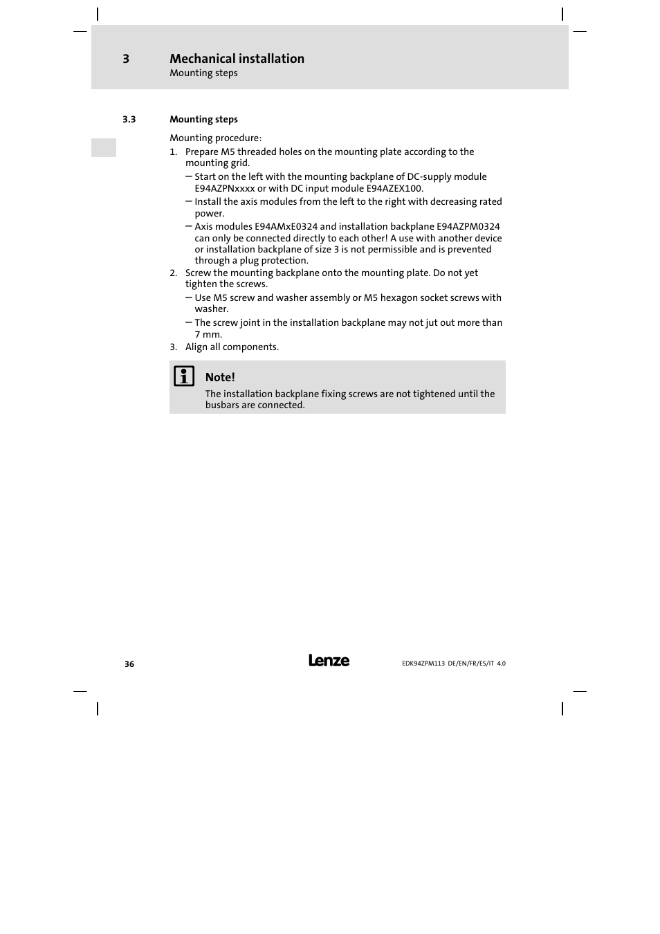 Mounting steps, Mechanical installation | Lenze E94AZPM User Manual | Page 36 / 122