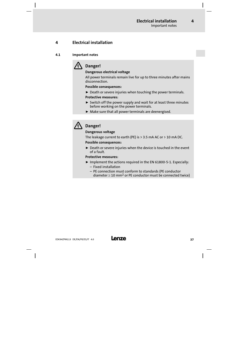 Electrical installation, Important notes | Lenze E94AZPM User Manual | Page 37 / 122