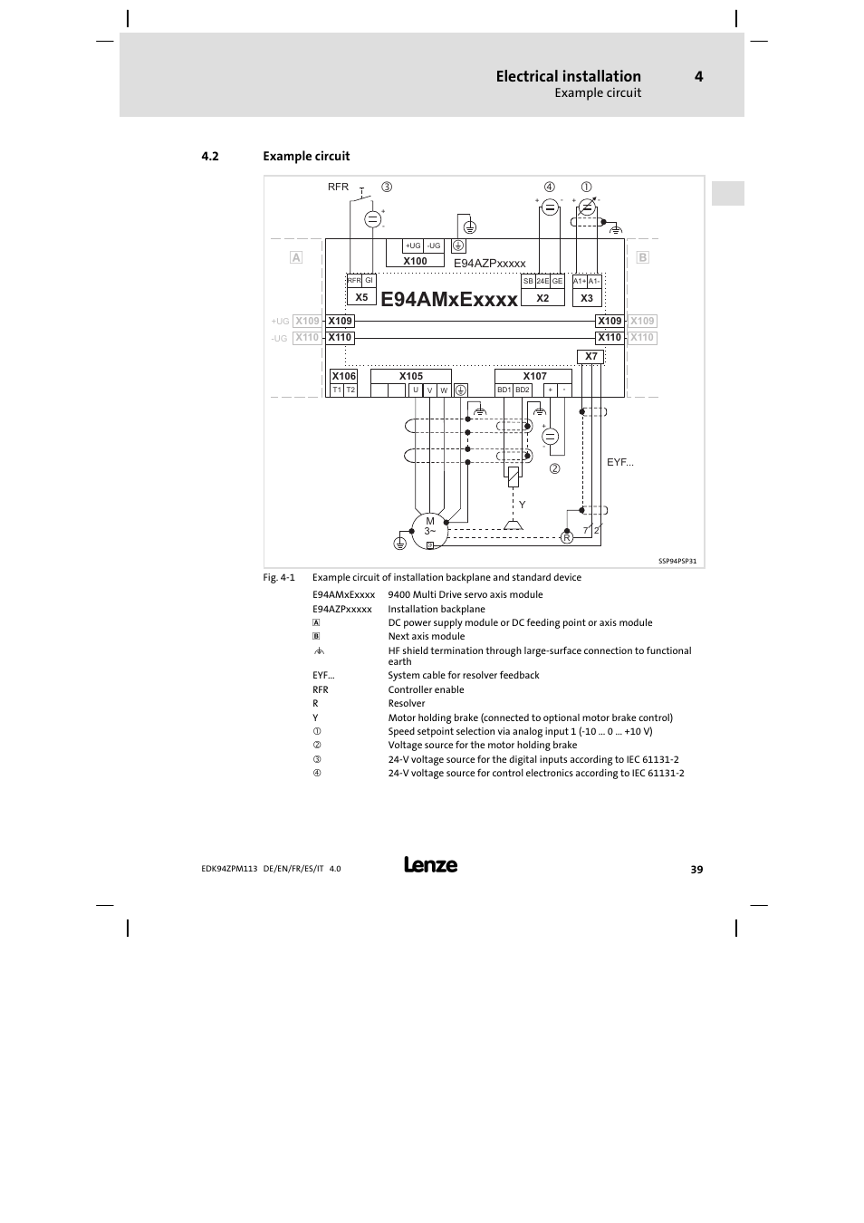 Example circuit, Electrical installation | Lenze E94AZPM User Manual | Page 39 / 122