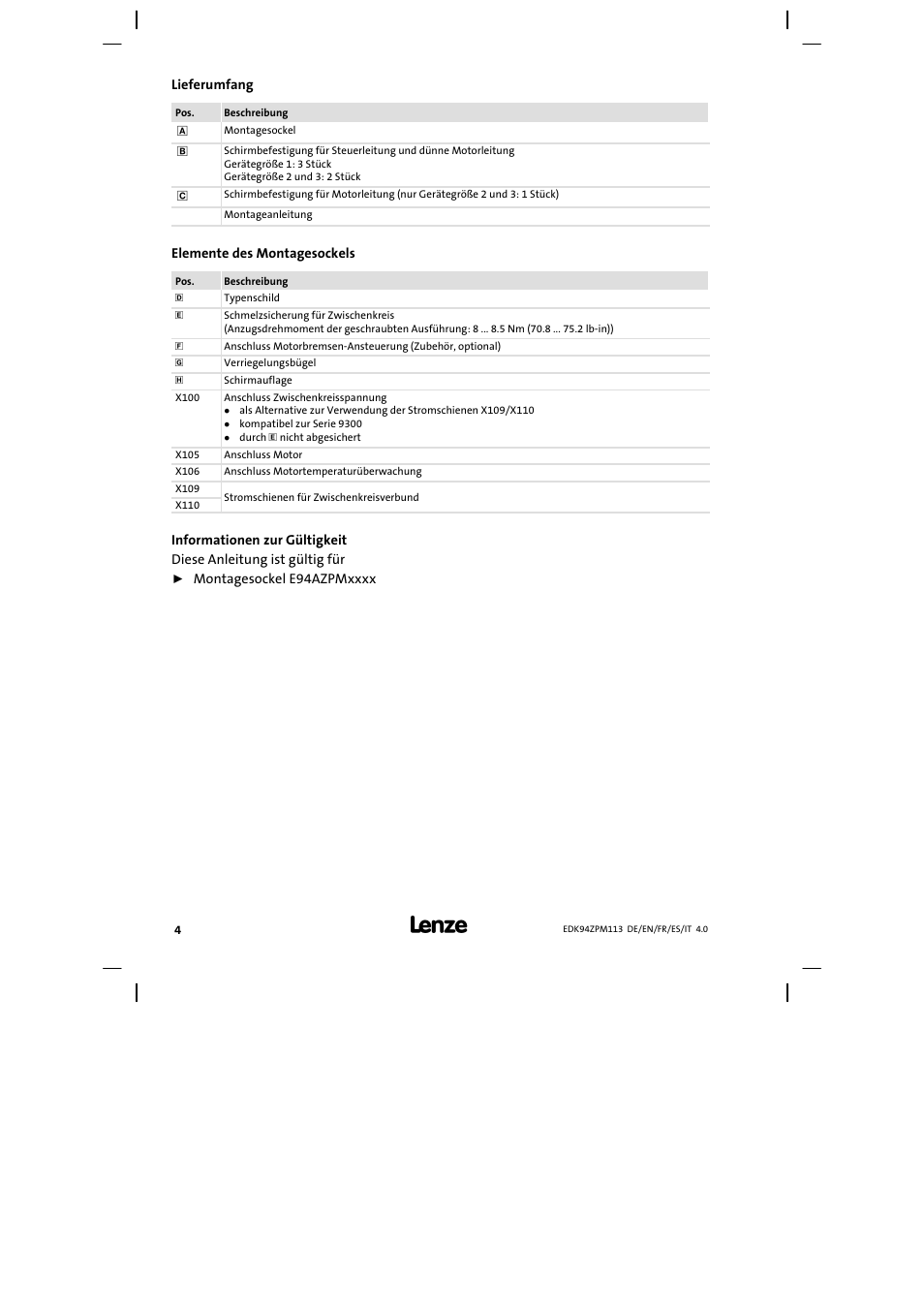 Lieferumfang | Lenze E94AZPM User Manual | Page 4 / 122