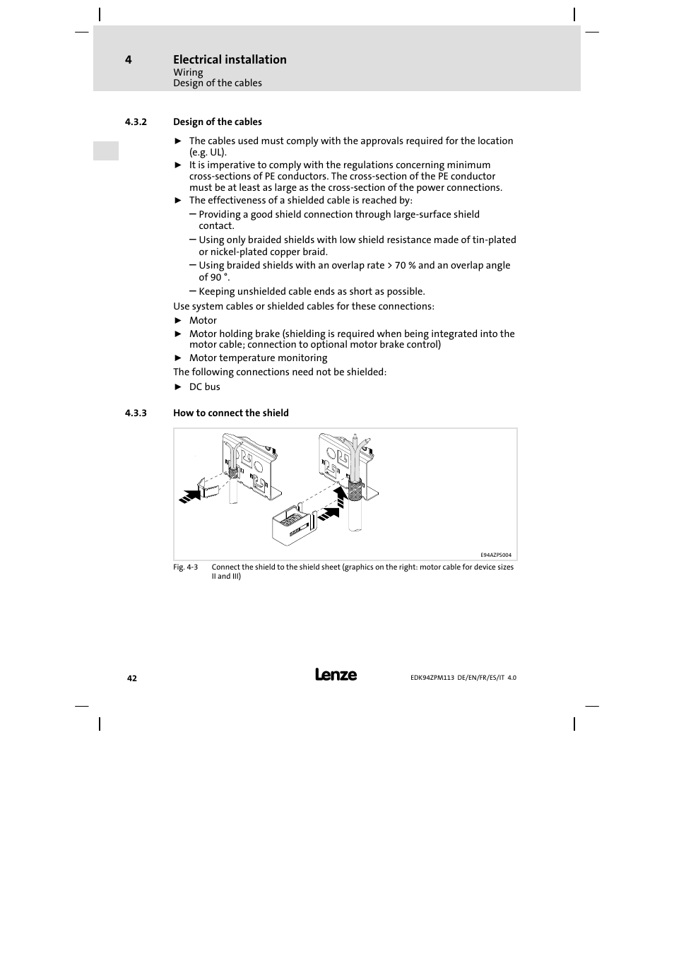 Design of the cables, How to connect the shield | Lenze E94AZPM User Manual | Page 42 / 122