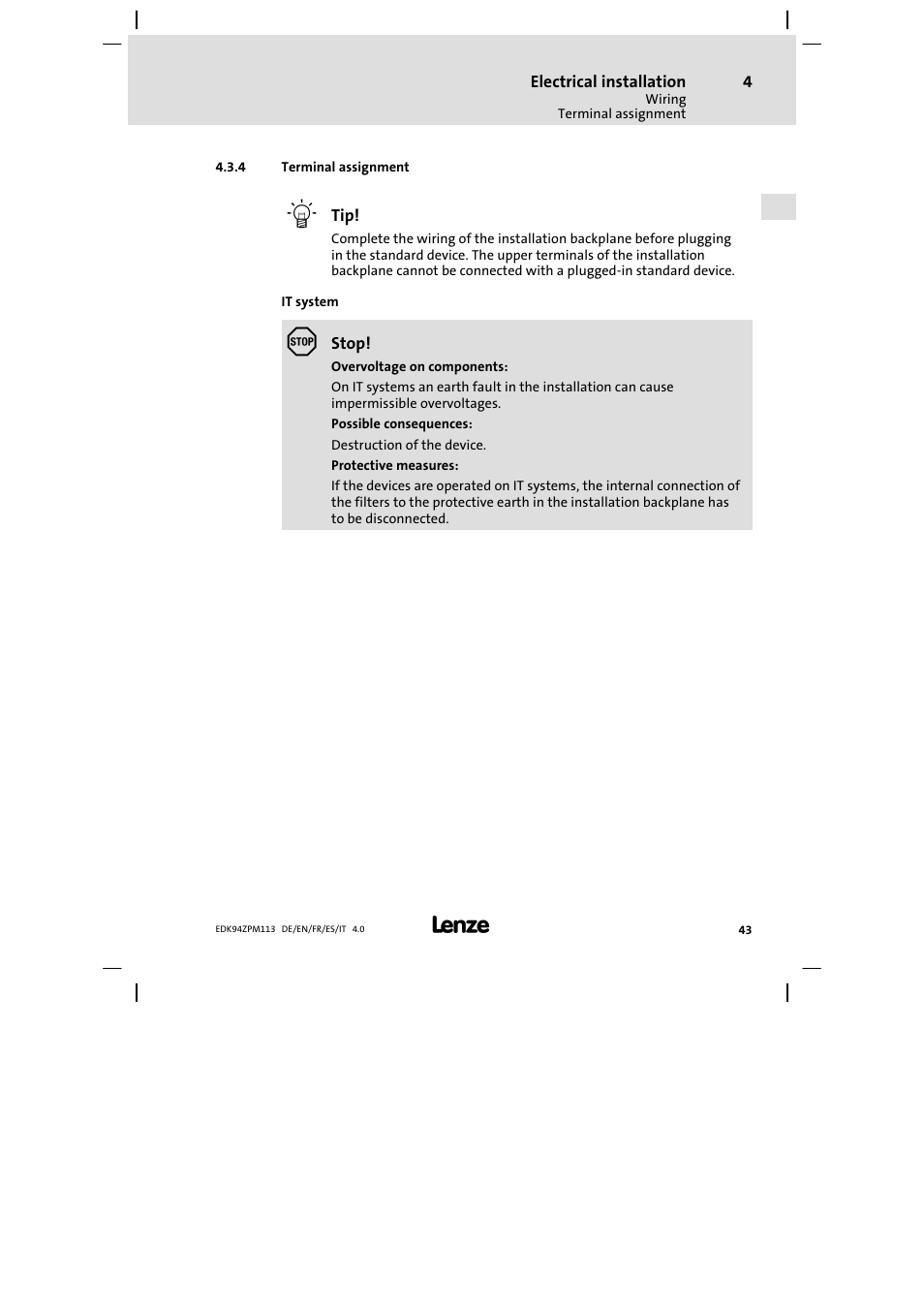 Terminal assignment | Lenze E94AZPM User Manual | Page 43 / 122