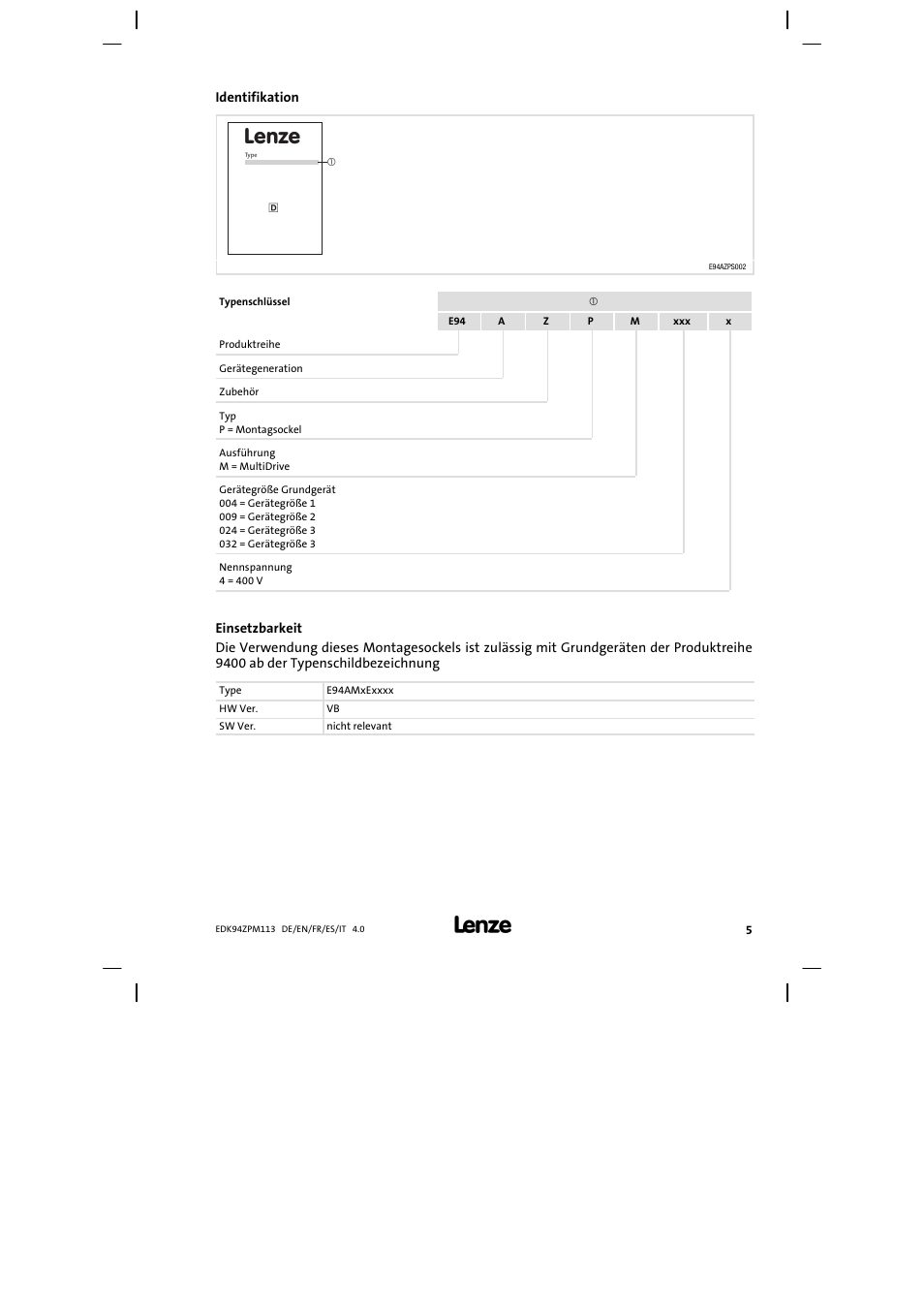 Identifikation, Lenze | Lenze E94AZPM User Manual | Page 5 / 122
