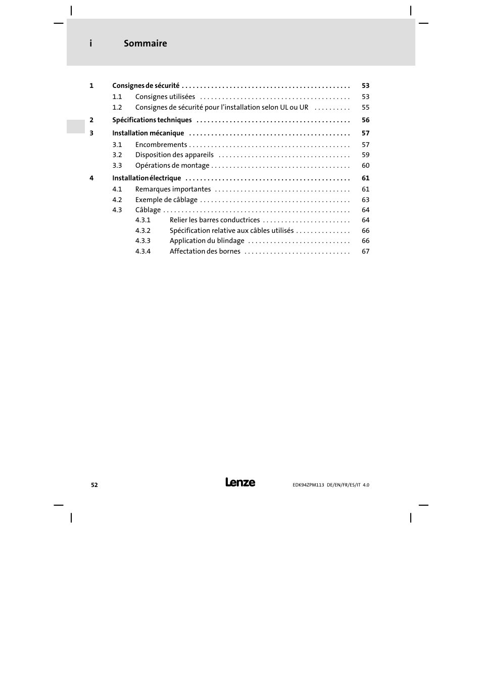 Sommaire, Sommaire i | Lenze E94AZPM User Manual | Page 52 / 122