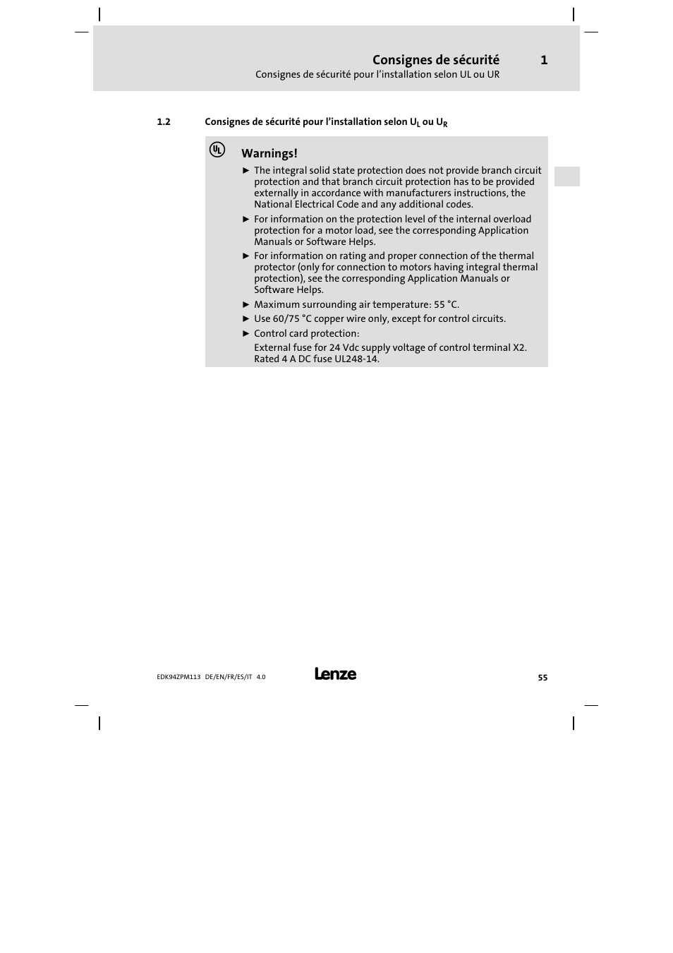 Consignes de sécurité | Lenze E94AZPM User Manual | Page 55 / 122