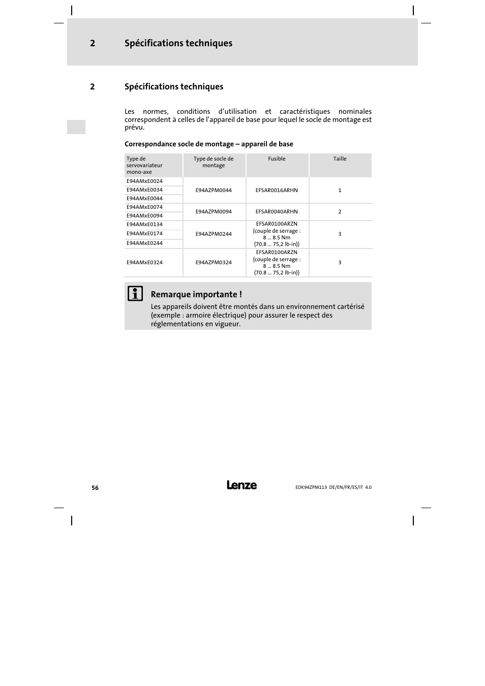 Spécifications techniques, Spécifications techniques 2, 2spécifications techniques | Remarque importante | Lenze E94AZPM User Manual | Page 56 / 122
