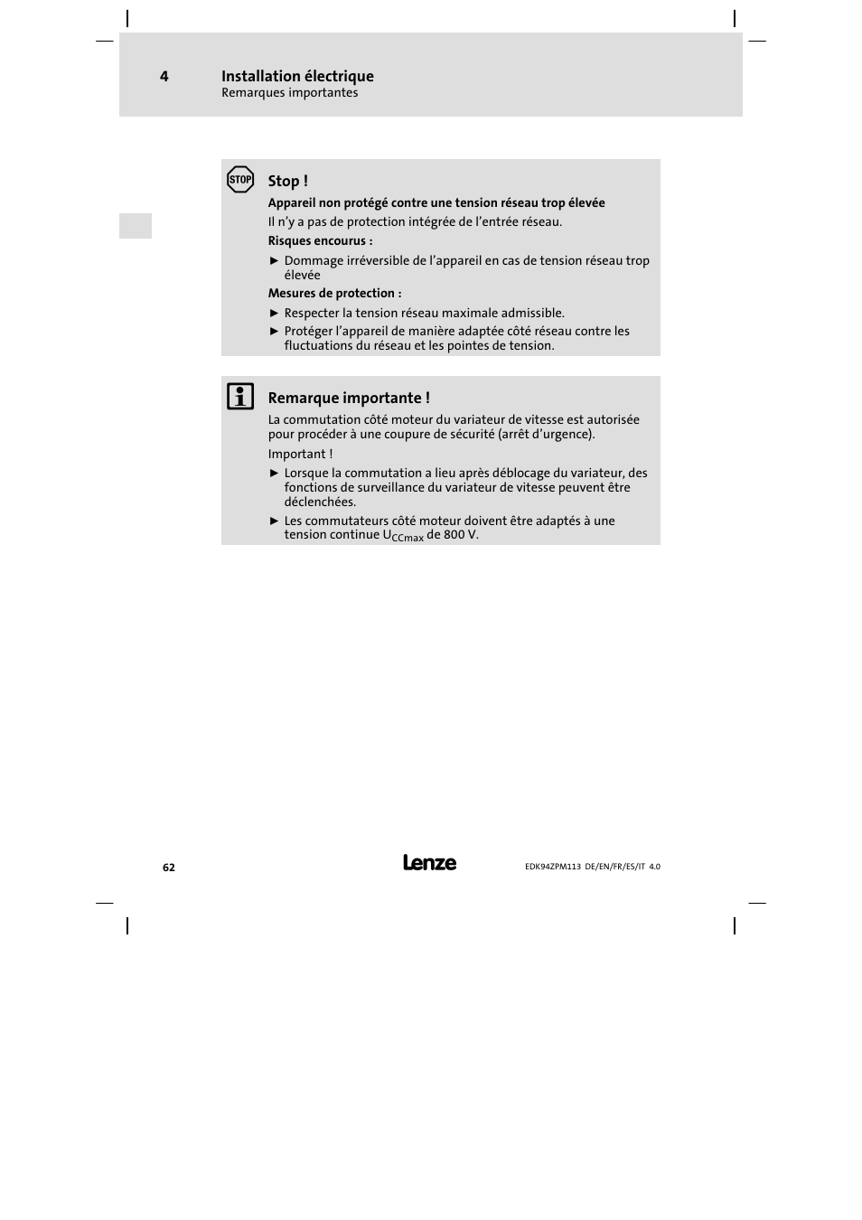 Lenze E94AZPM User Manual | Page 62 / 122
