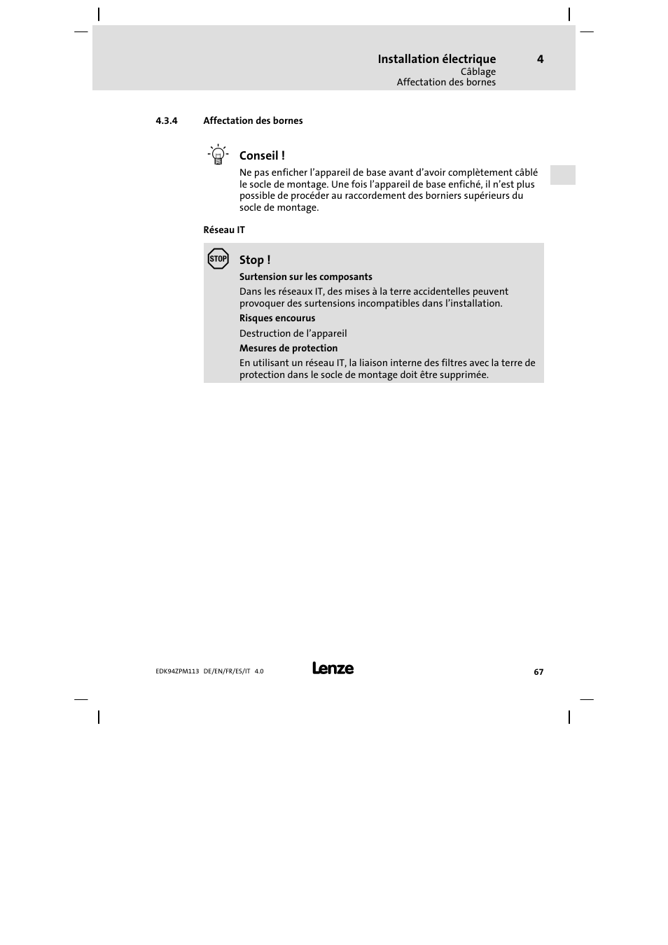 Affectation des bornes | Lenze E94AZPM User Manual | Page 67 / 122