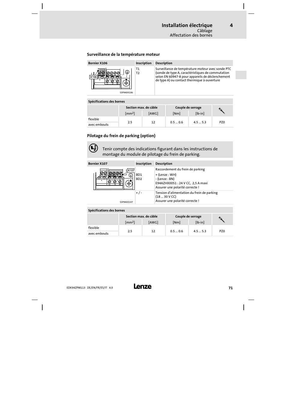 Installation électrique | Lenze E94AZPM User Manual | Page 71 / 122