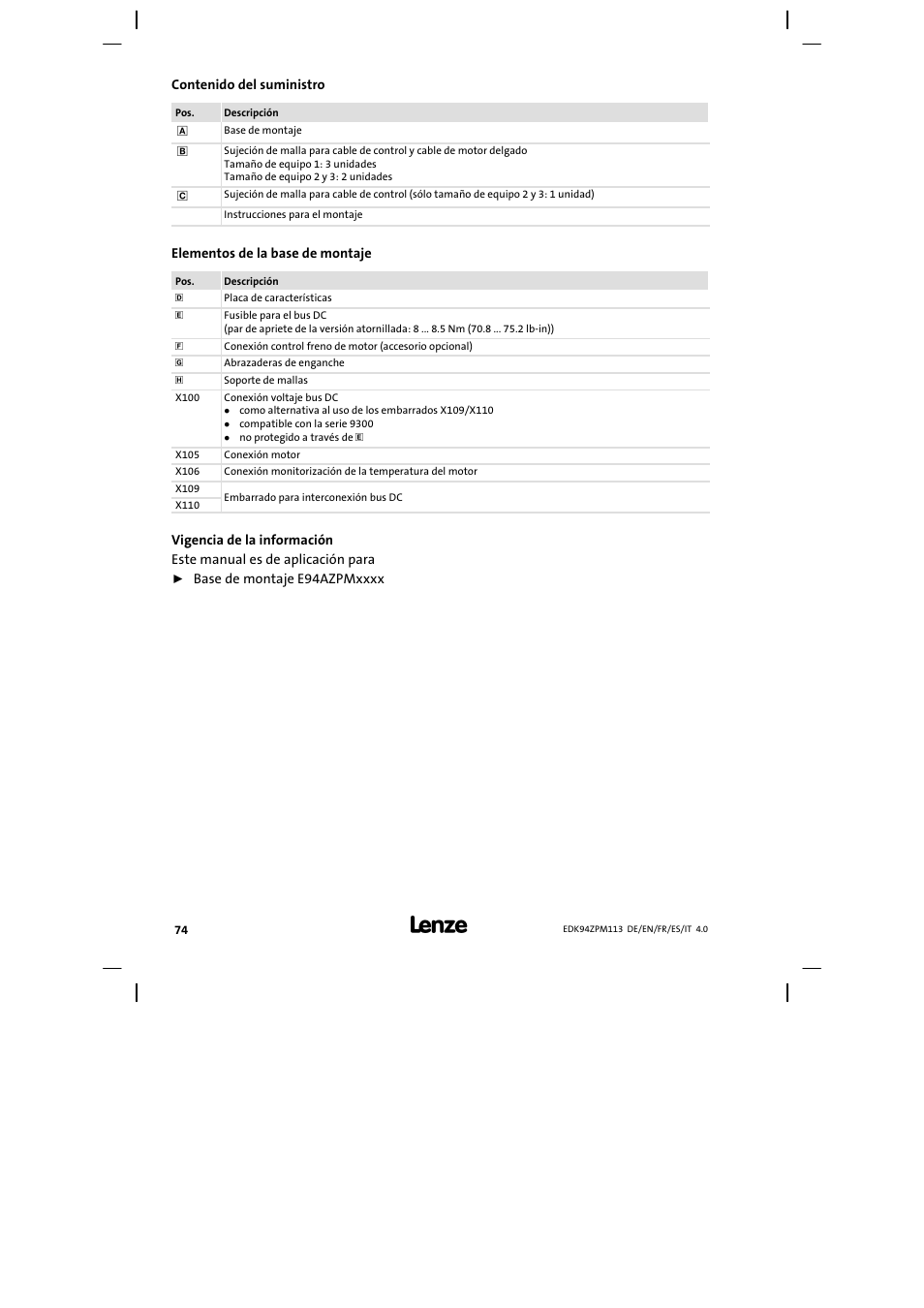 Lenze E94AZPM User Manual | Page 74 / 122