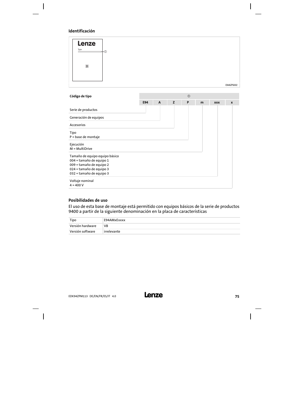 Identificación, Lenze | Lenze E94AZPM User Manual | Page 75 / 122