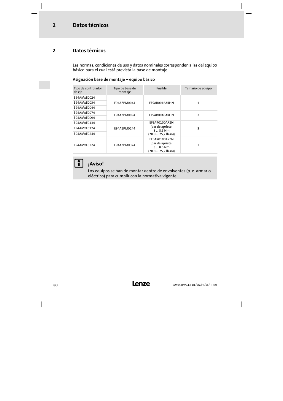 Datos técnicos, Datos técnicos 2, 2datos técnicos | Aviso | Lenze E94AZPM User Manual | Page 80 / 122