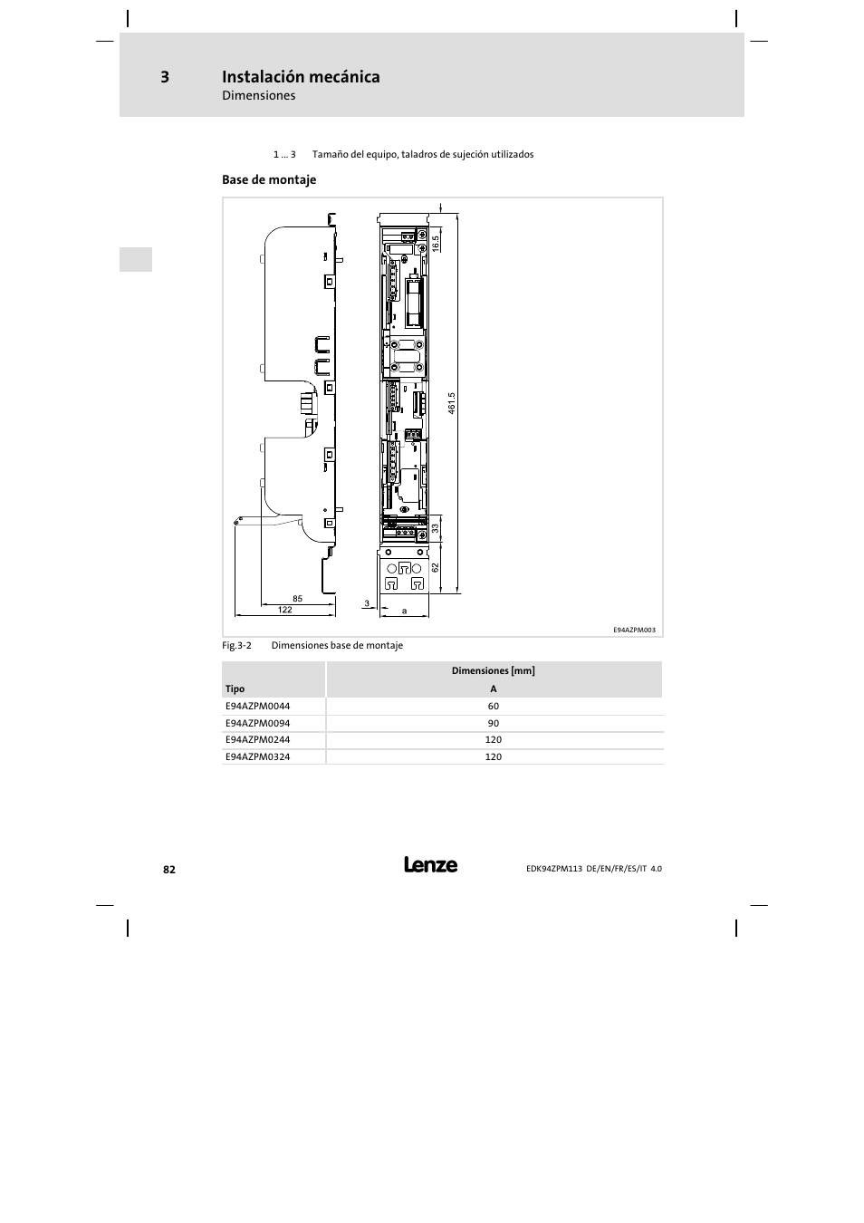 Instalación mecánica | Lenze E94AZPM User Manual | Page 82 / 122