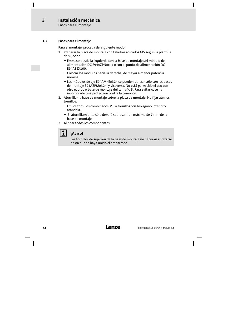 Pasos para el montaje, Instalación mecánica | Lenze E94AZPM User Manual | Page 84 / 122