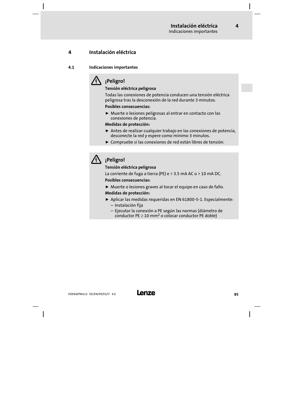 Instalación eléctrica, Indicaciones importantes | Lenze E94AZPM User Manual | Page 85 / 122