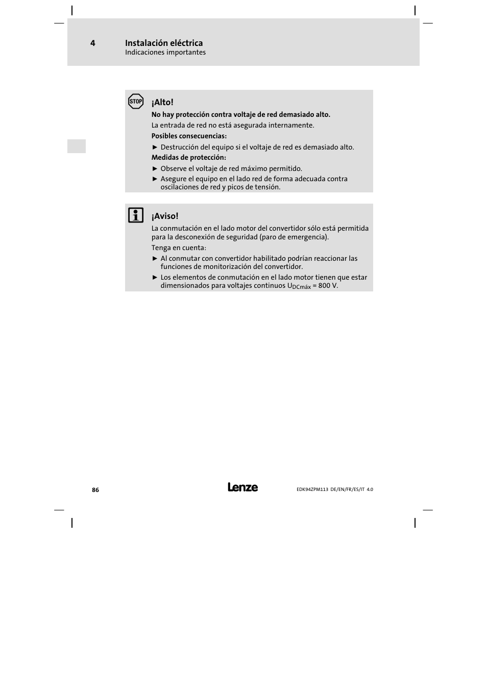 Lenze E94AZPM User Manual | Page 86 / 122