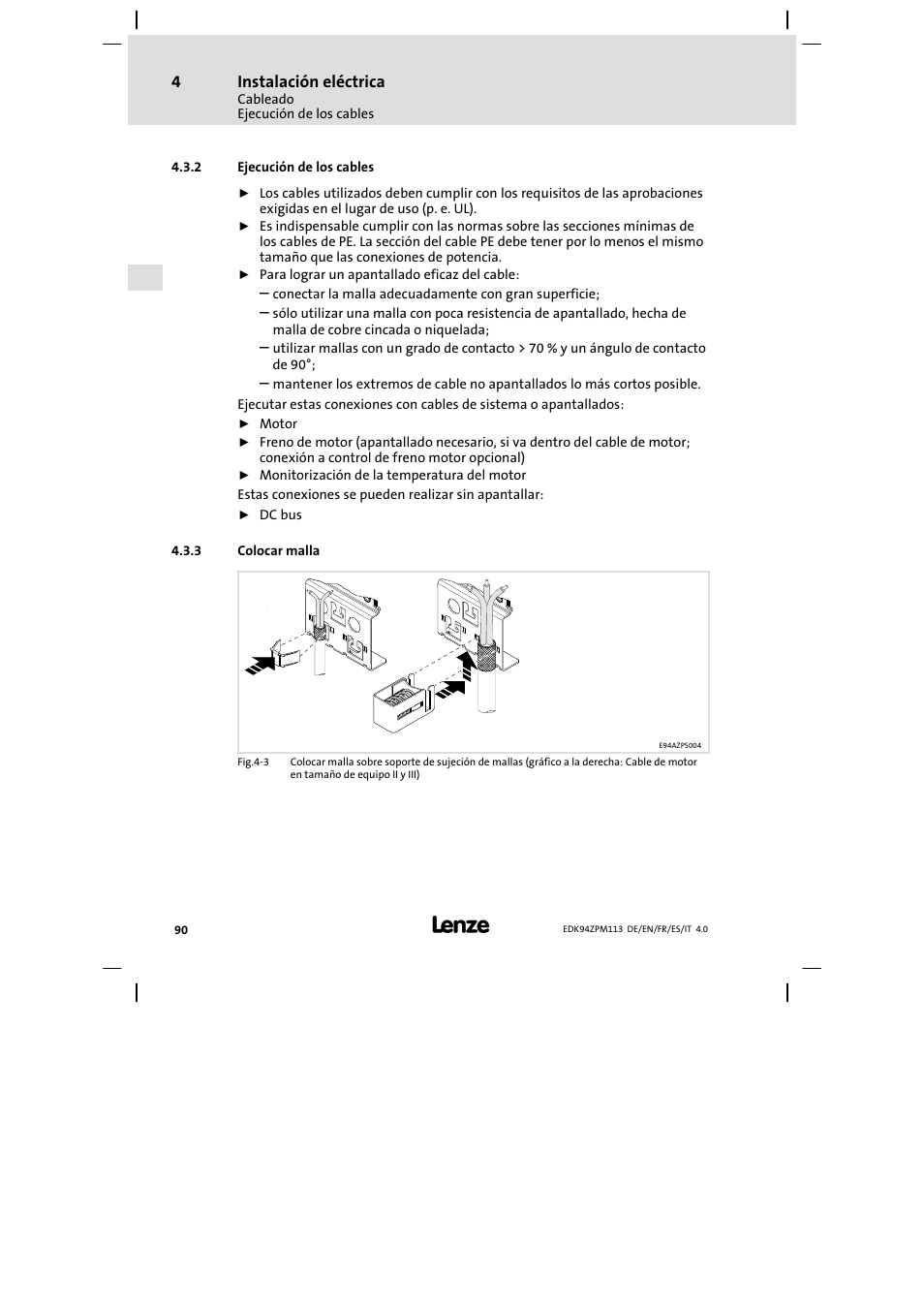 Ejecución de los cables, Colocar malla | Lenze E94AZPM User Manual | Page 90 / 122