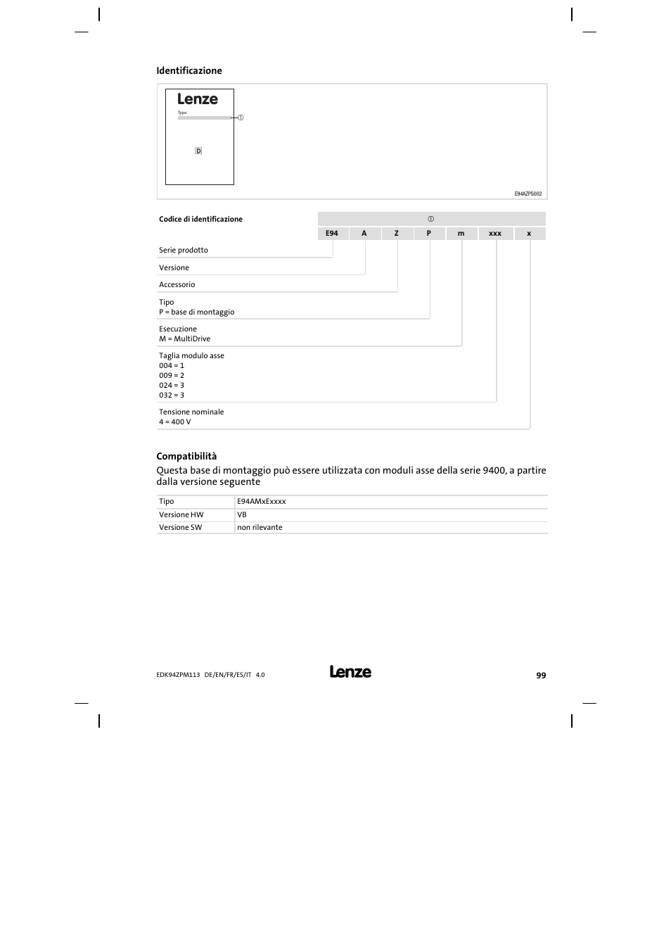 Identificazione, Lenze | Lenze E94AZPM User Manual | Page 99 / 122