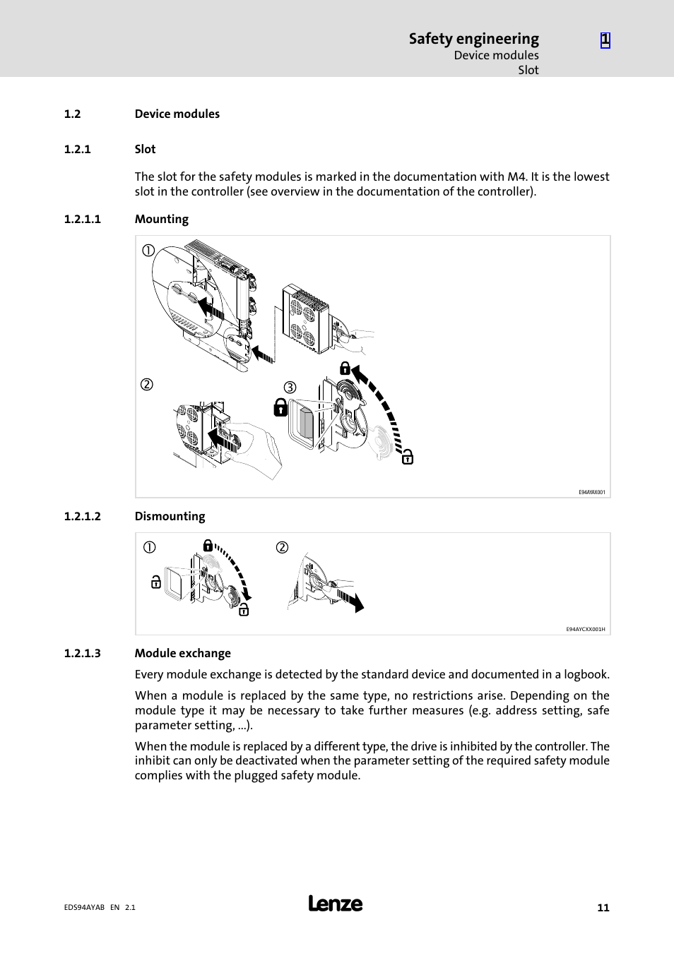 2 device modules, 1 slot, 1 mounting | 2 dismounting, 3 module exchange, Device modules, Slot, Safety engineering | Lenze E94AYAB − SM100 User Manual | Page 11 / 20