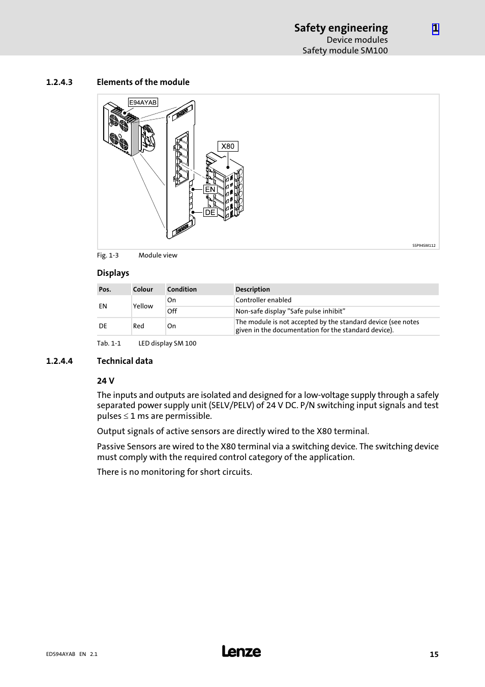 3 elements of the module, 4 technical data, Safety engineering | Lenze E94AYAB − SM100 User Manual | Page 15 / 20