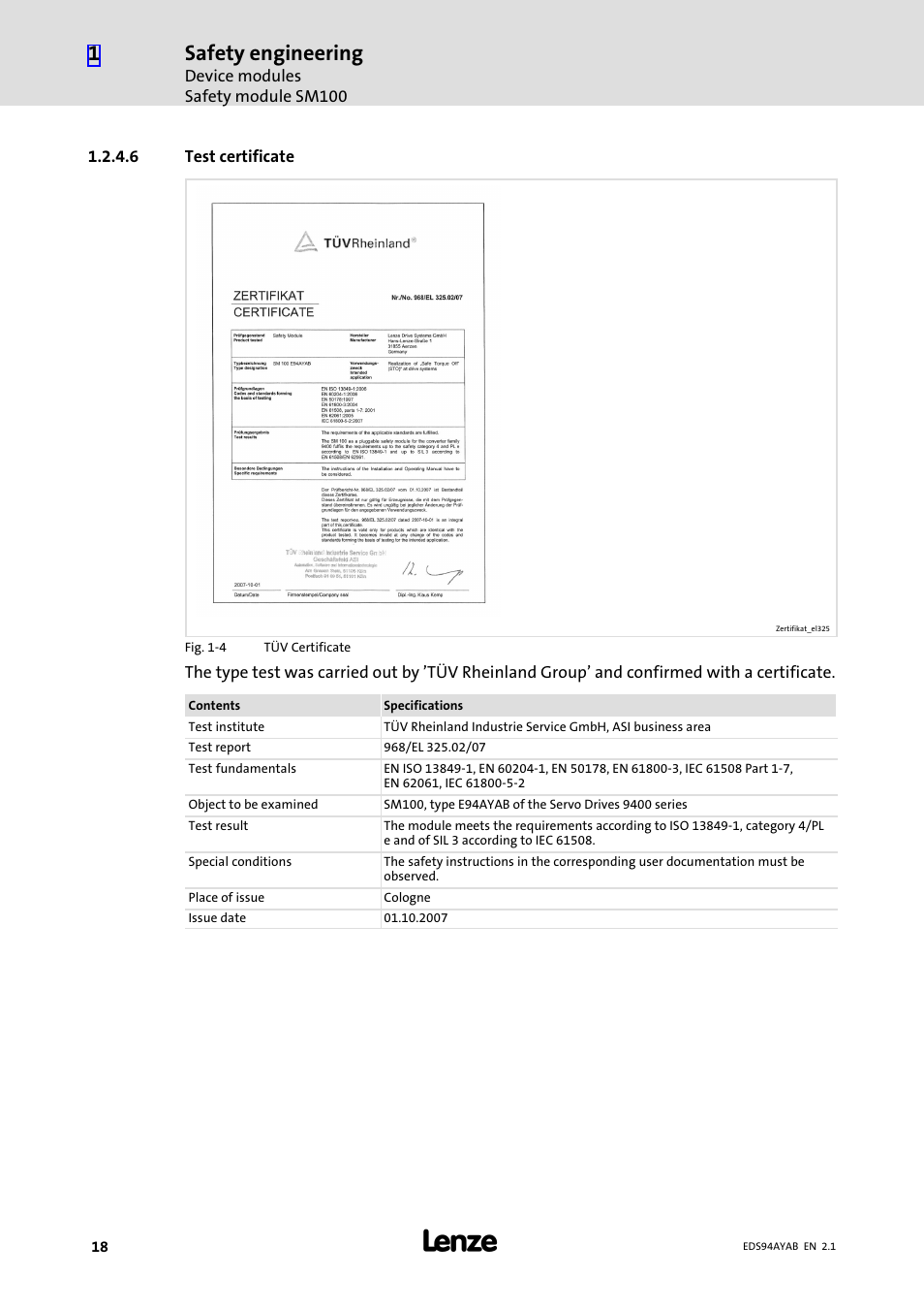 6 test certificate, Safety engineering | Lenze E94AYAB − SM100 User Manual | Page 18 / 20