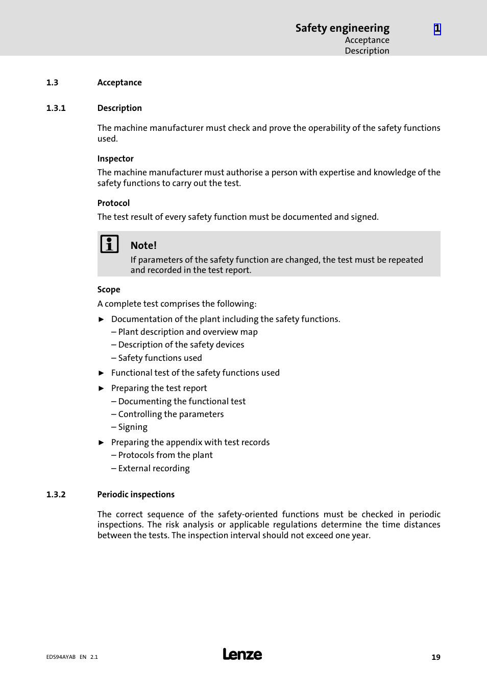 3 acceptance, 1 description, 2 periodic inspections | Acceptance, Description, Periodic inspections | Lenze E94AYAB − SM100 User Manual | Page 19 / 20