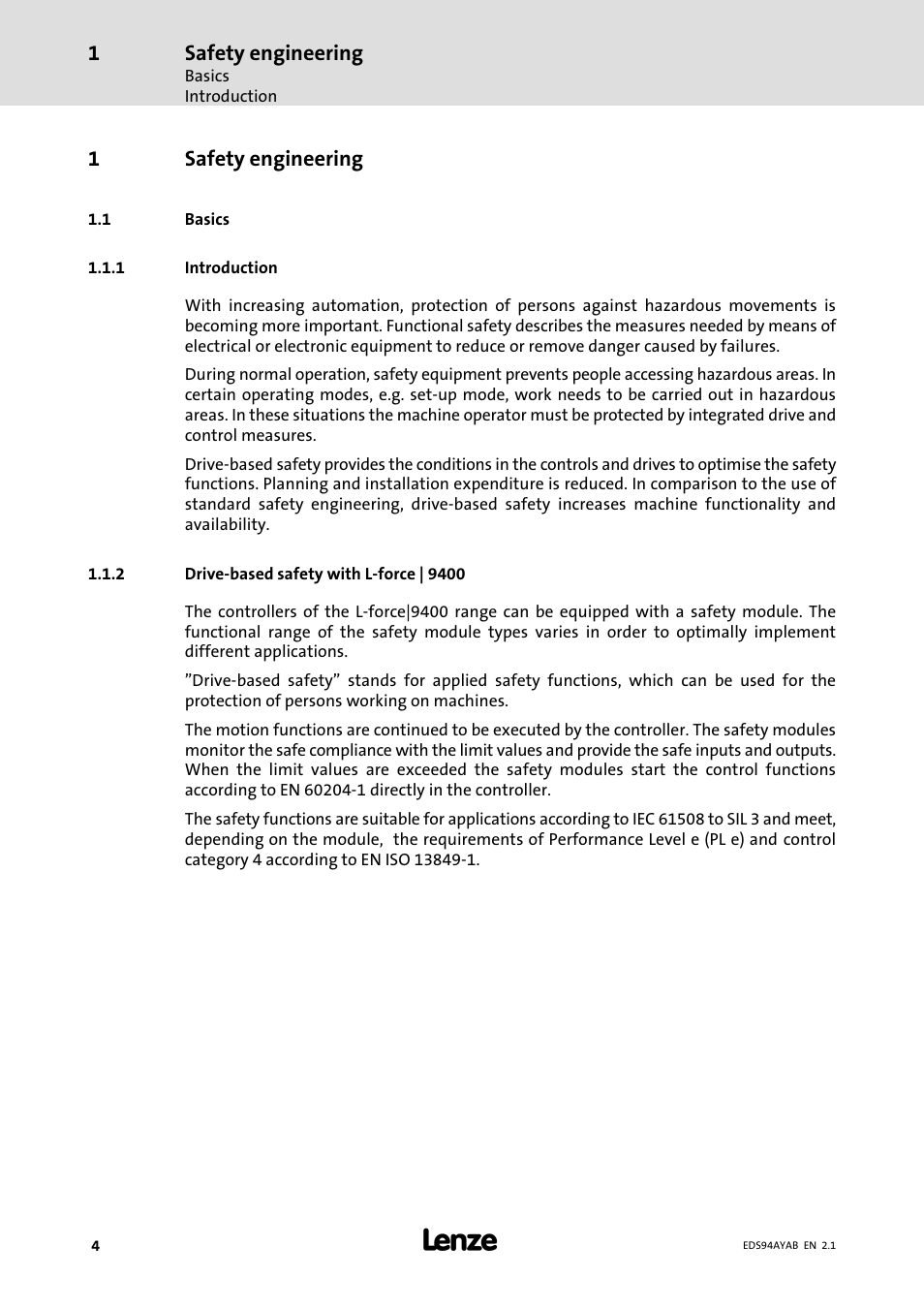 1 safety engineering, 1 basics, 1 introduction | 2 drive-based safety with l-force | 9400, Safety engineering, Basics, Introduction, Drive−based safety with l−force | 9400 | Lenze E94AYAB − SM100 User Manual | Page 4 / 20