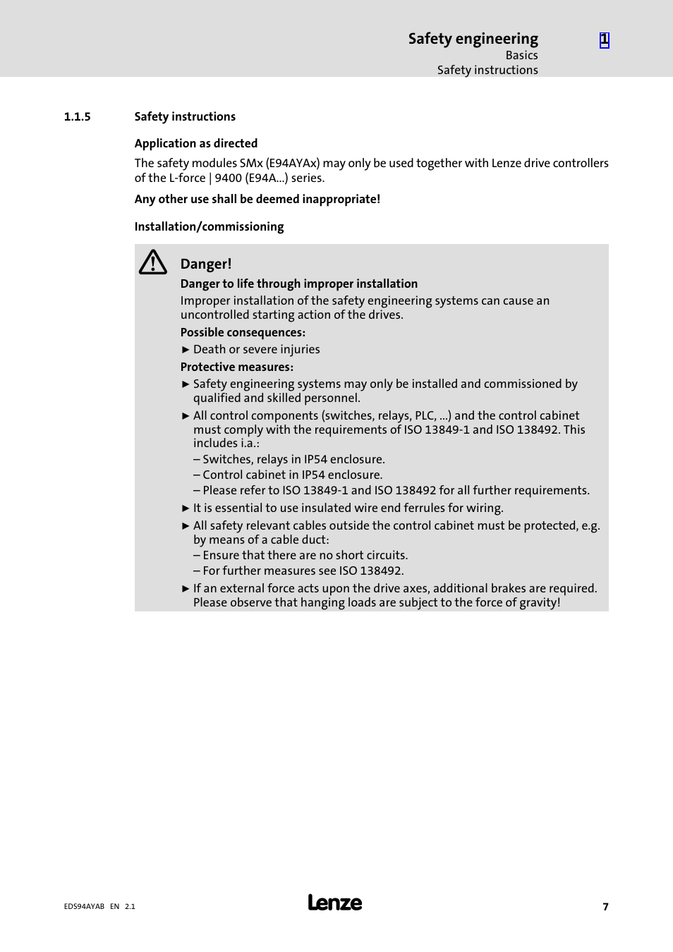 5 safety instructions, Safety instructions, Safety engineering | Lenze E94AYAB − SM100 User Manual | Page 7 / 20