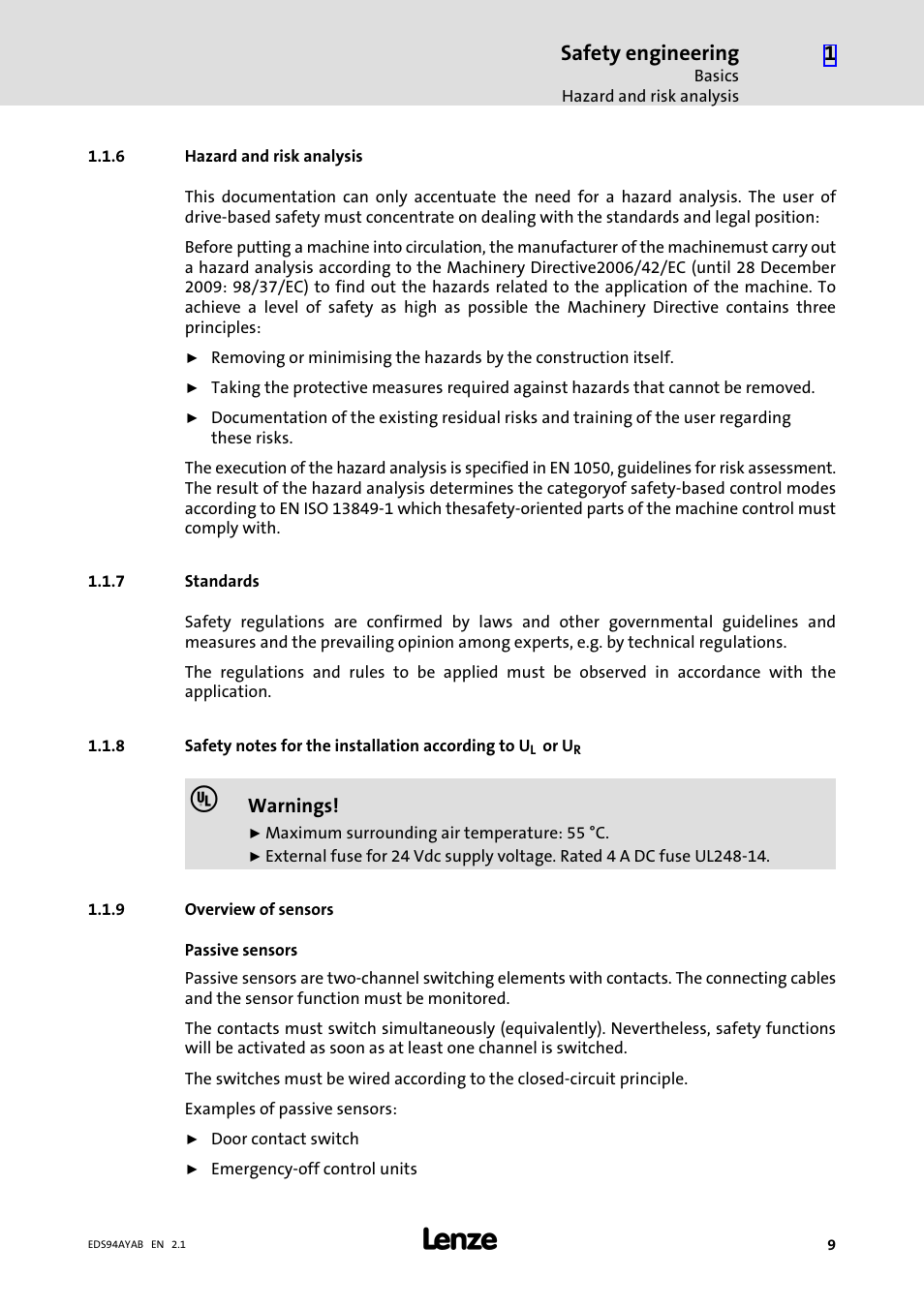 6 hazard and risk analysis, 7 standards, 9 overview of sensors | Hazard and risk analysis, Standards, Overview of sensors, Safety engineering | Lenze E94AYAB − SM100 User Manual | Page 9 / 20