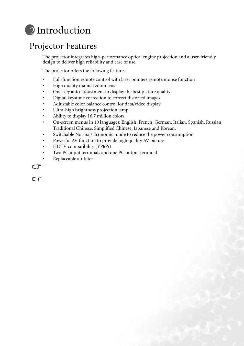 Introduction, Projector features | BenQ PB8140 User Manual | Page 11 / 56