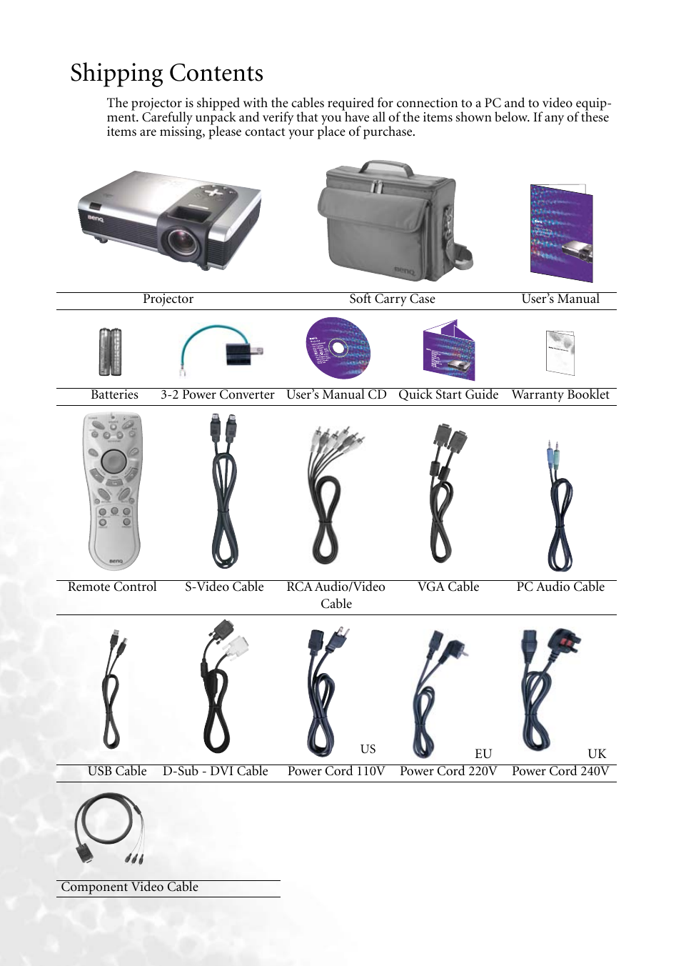 Shipping contents | BenQ PB8140 User Manual | Page 12 / 56