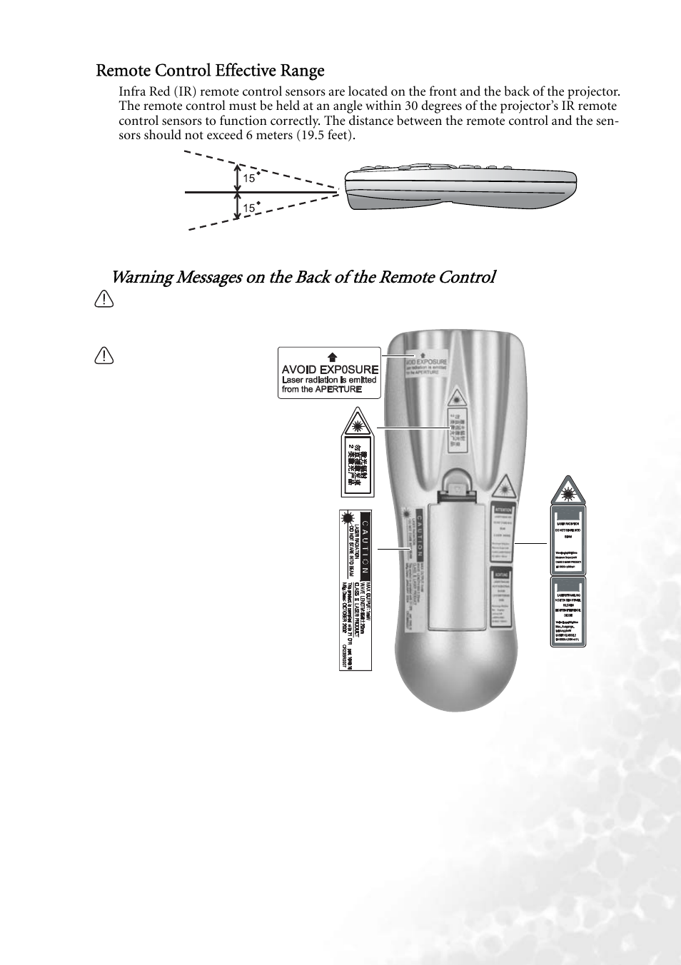 Remote control effective range, Warning messages on the back of the remote control, Introduction 11 | BenQ PB8140 User Manual | Page 17 / 56