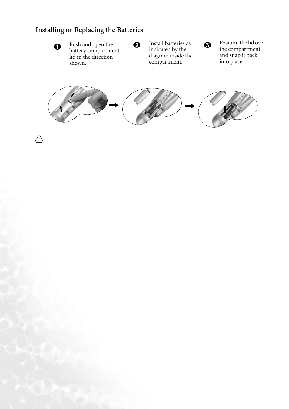 Installing or replacing the batteries | BenQ PB8140 User Manual | Page 18 / 56