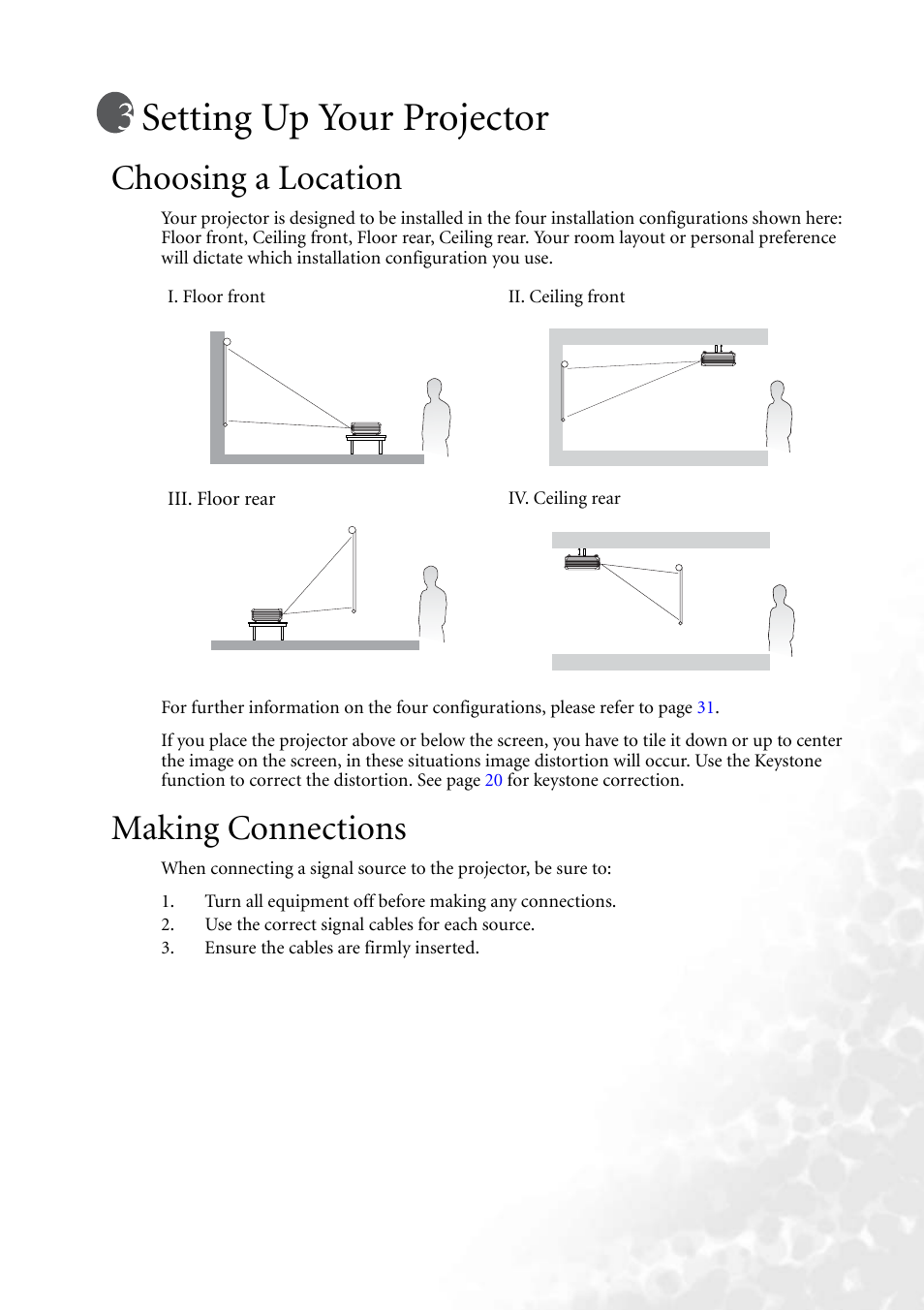 Setting up your projector, Choosing a location, Making connections | Choosing a location making connections | BenQ PB8140 User Manual | Page 19 / 56