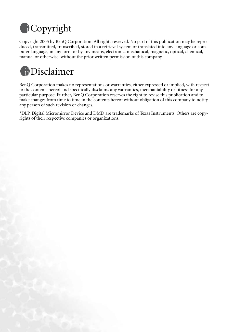 Copyright, Disclaimer | BenQ PB8140 User Manual | Page 2 / 56