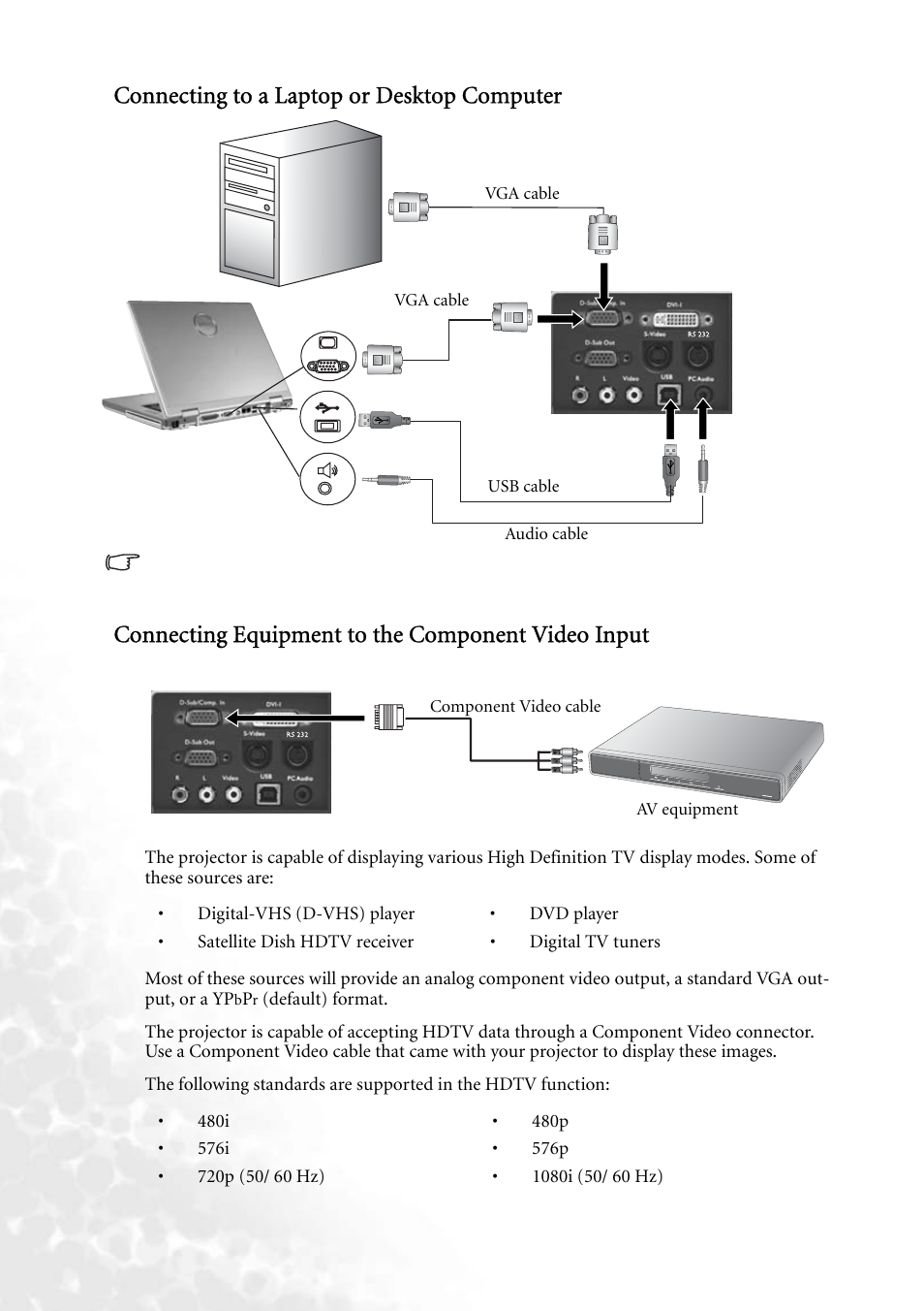 Connecting to a laptop or desktop computer, Connecting equipment to the component video input | BenQ PB8140 User Manual | Page 20 / 56