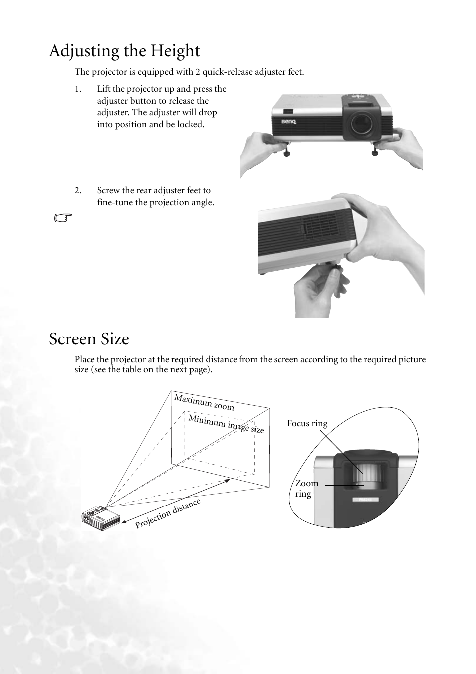 Adjusting the height, Screen size, Adjusting the height screen size | BenQ PB8140 User Manual | Page 22 / 56