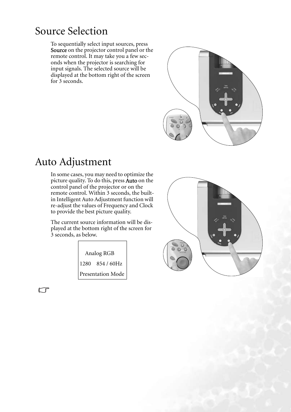 Source selection, Auto adjustment, Source selection auto adjustment | BenQ PB8140 User Manual | Page 27 / 56