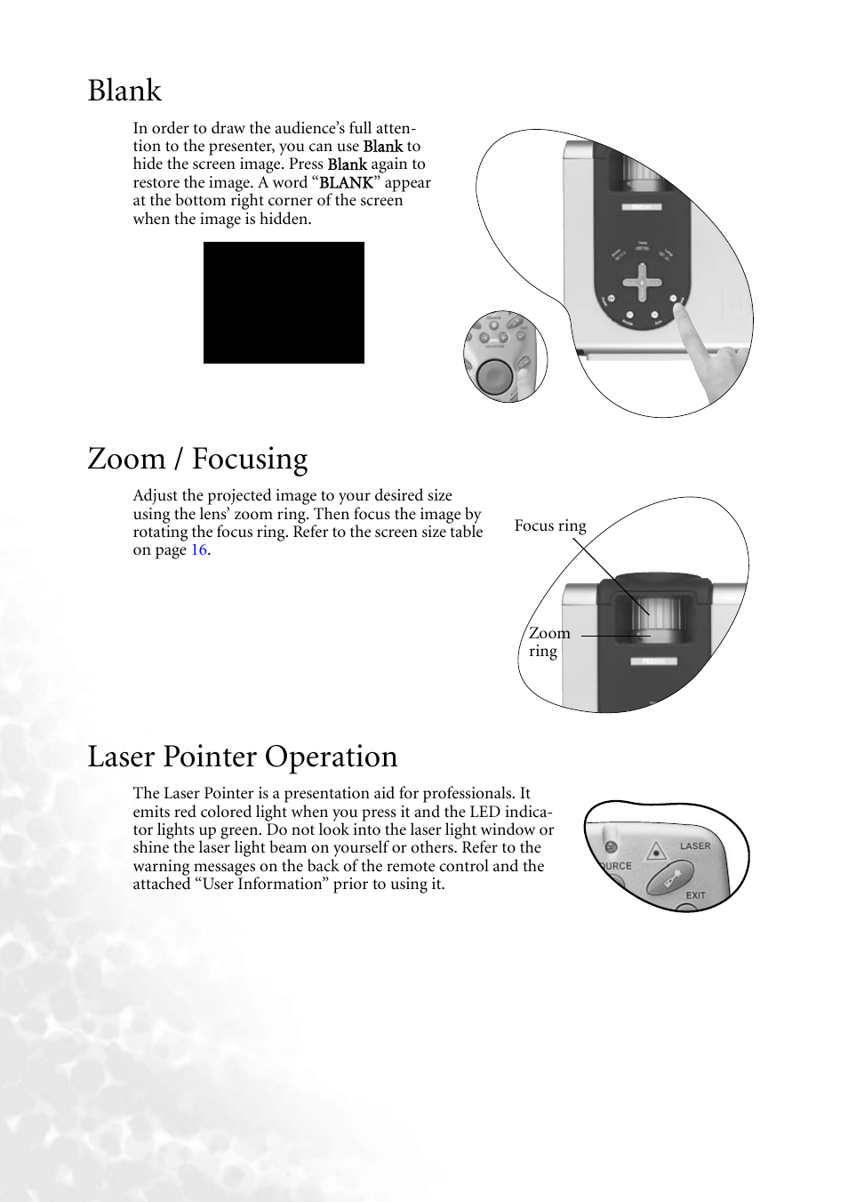 Blank, Zoom / focusing, Laser pointer operation | Blank zoom / focusing | BenQ PB8140 User Manual | Page 28 / 56