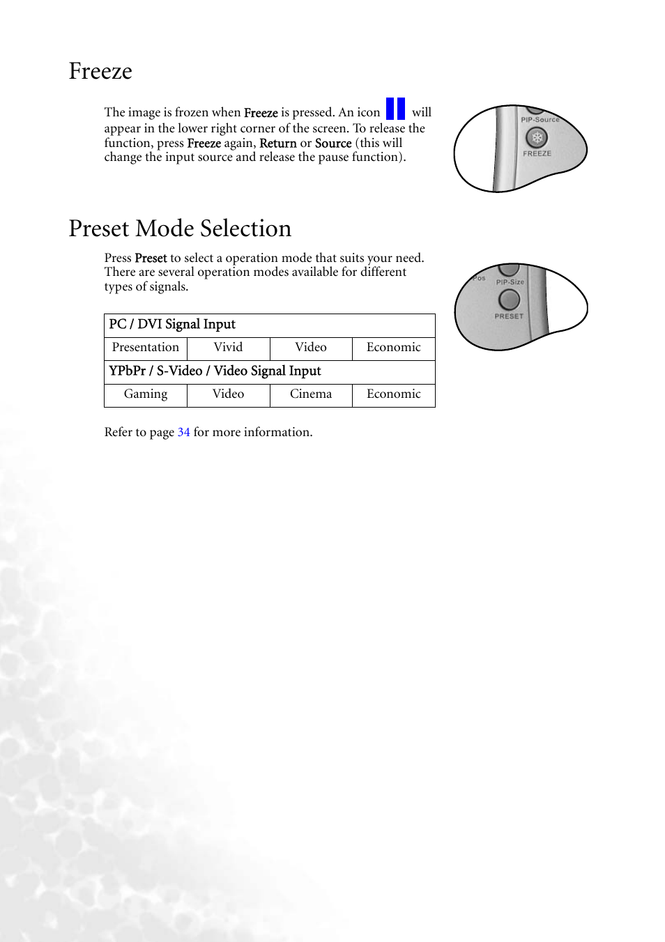 Freeze, Preset mode selection, Freeze preset mode selection | BenQ PB8140 User Manual | Page 30 / 56