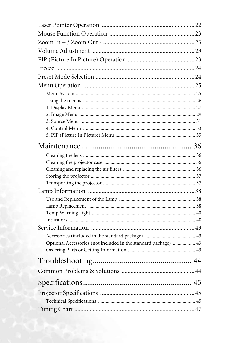 Maintenance, Troubleshooting, Specifications | BenQ PB8140 User Manual | Page 4 / 56
