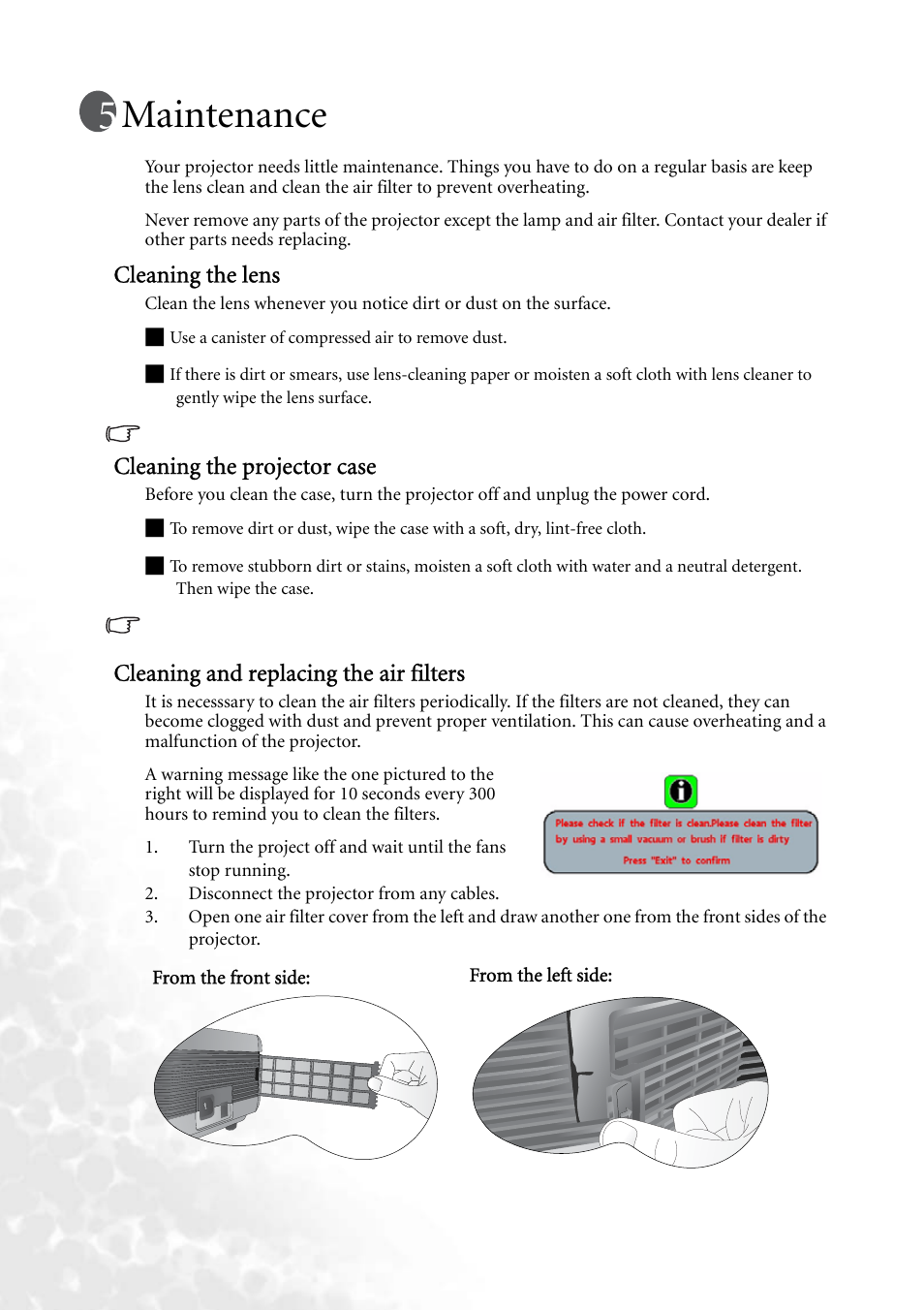 Maintenance, Cleaning the lens, Cleaning the projector case | Cleaning and replacing the air filters | BenQ PB8140 User Manual | Page 42 / 56