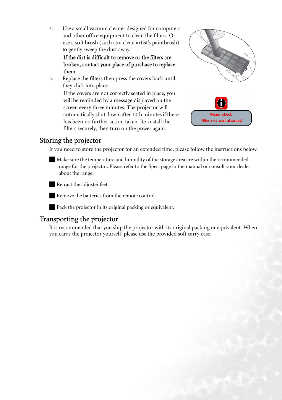 Storing the projector, Transporting the projector, Storing the projector transporting the projector | BenQ PB8140 User Manual | Page 43 / 56