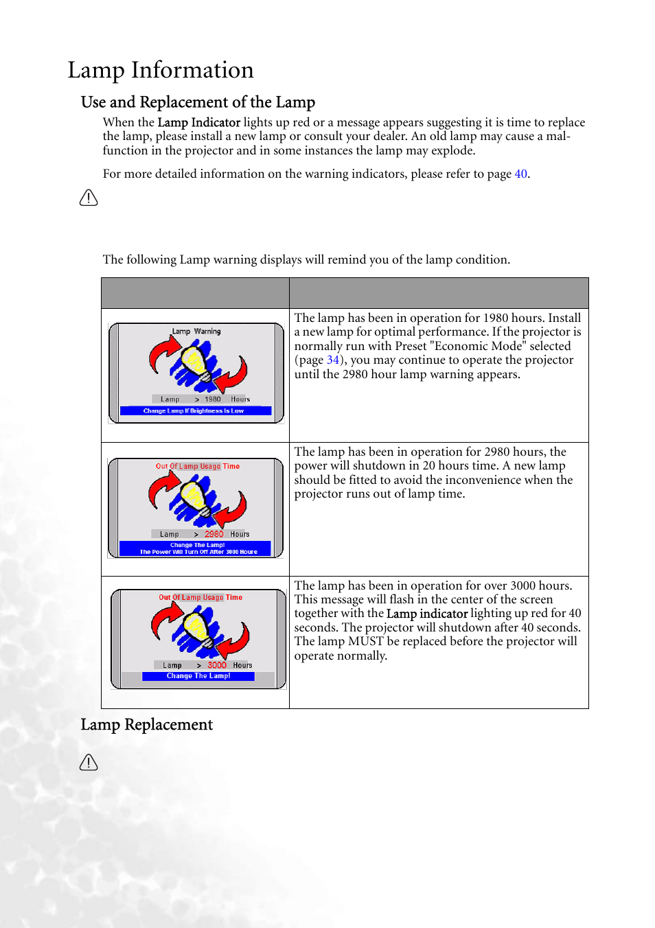 Lamp information, Use and replacement of the lamp, Lamp replacement | Use and replacement of the lamp lamp replacement | BenQ PB8140 User Manual | Page 44 / 56