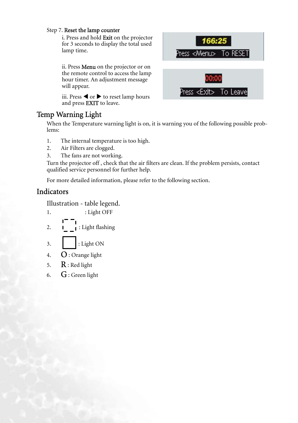 Temp warning light, Indicators, Temp warning light indicators | BenQ PB8140 User Manual | Page 46 / 56