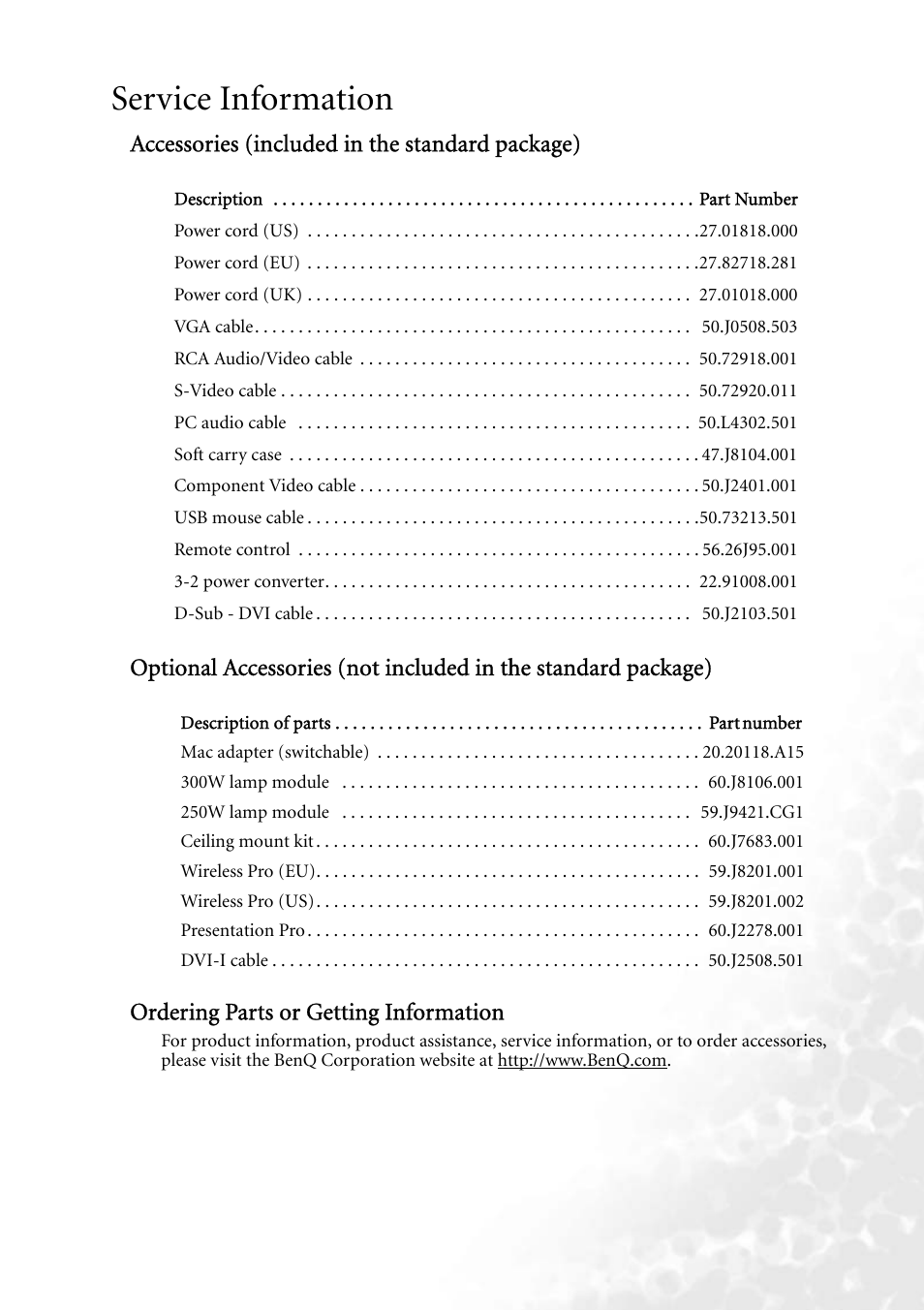 Service information, Accessories (included in the standard package), Ordering parts or getting information | BenQ PB8140 User Manual | Page 49 / 56