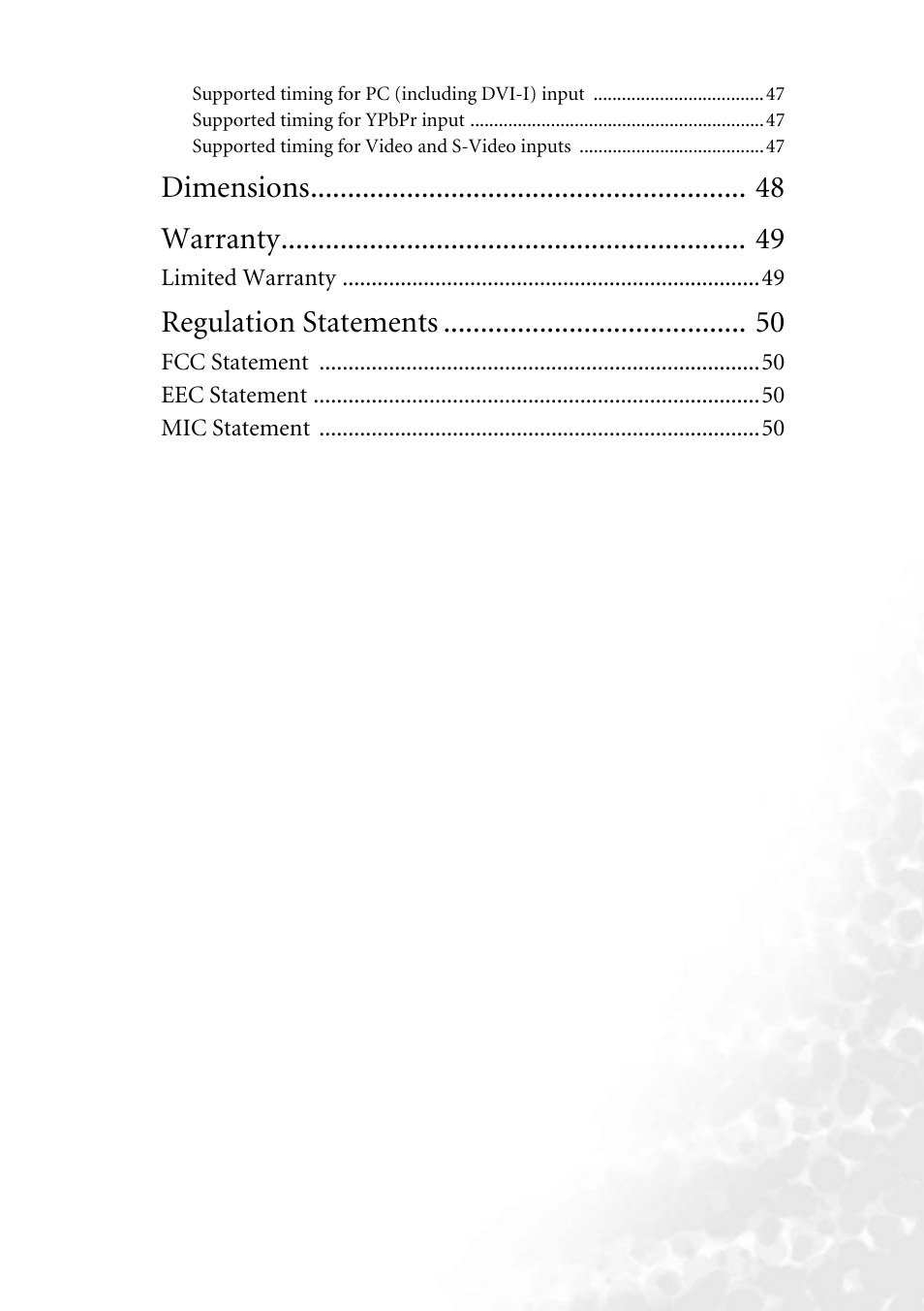 Dimensions warranty, Regulation statements | BenQ PB8140 User Manual | Page 5 / 56