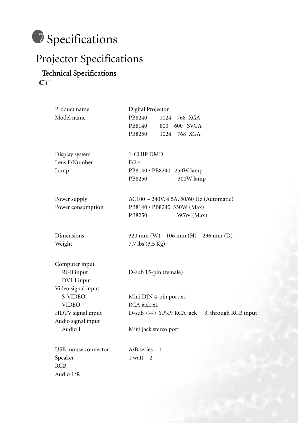 Specifications, Projector specifications, Technical specifications | BenQ PB8140 User Manual | Page 51 / 56